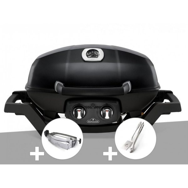 Barbecue à gaz Napoléon Travel Q PRO 285 noir + Rôtissoire + Ensemble 2 ustensiles