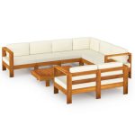 Salon de jardin 8 pcs avec coussins blanc crème Bois d'acacia – Image 3