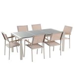 Table de jardin en plateau granit gris poli 180 cm et 6 chaises beiges GROSSETO – Image 2